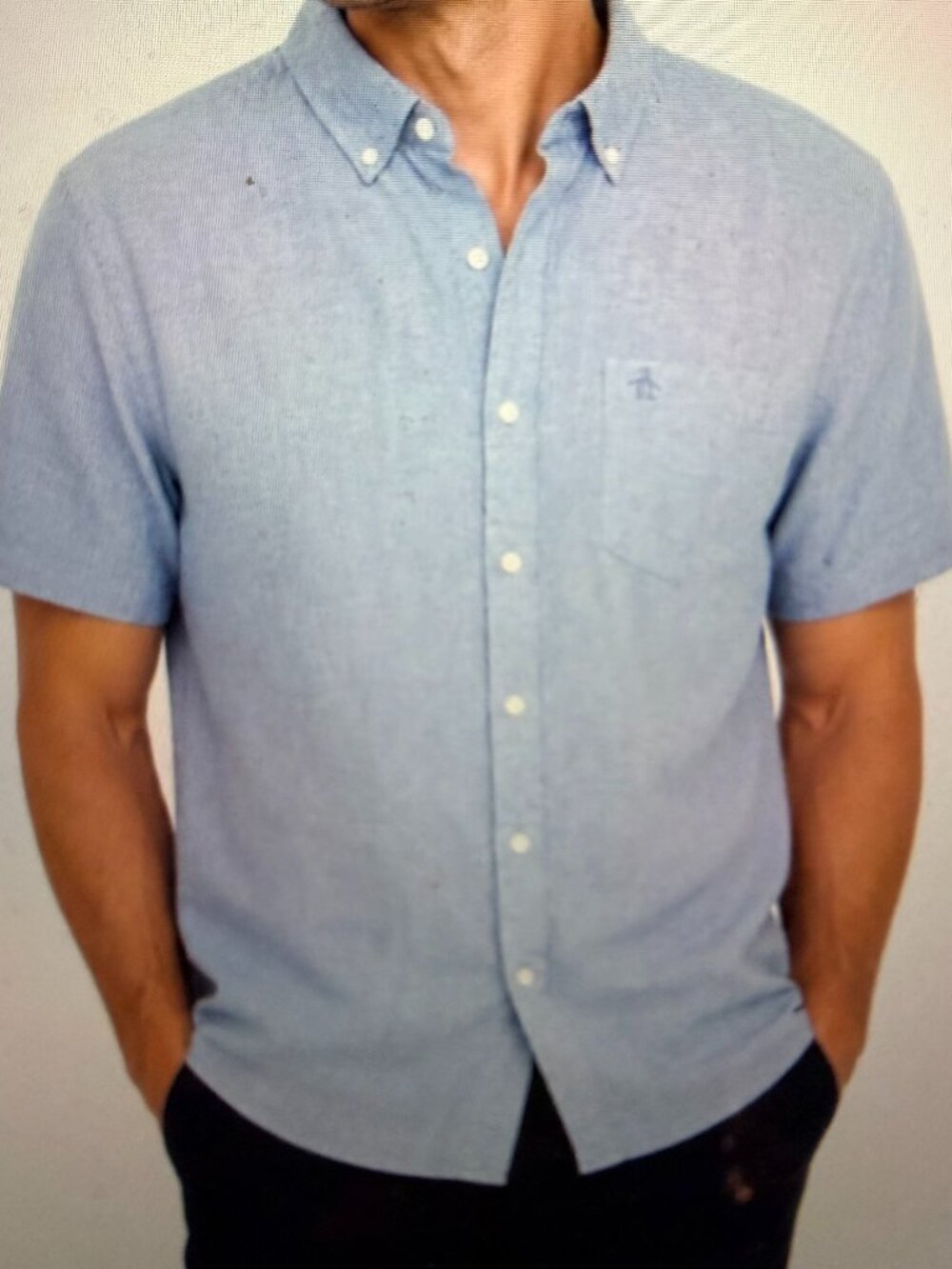 Original Penguin Shirt Mens XXL Blue Linen Blend Short Sleeve Button Down